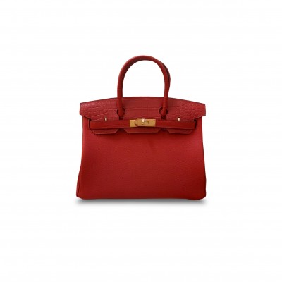 HERMÈS MASTER BIRKIN 30 MATTE CROCODILE AND TOGO LEATHER RED BAG GOLD BUCKLE H076235CK32 (30*22*16cm)